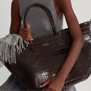 Ralph Lauren Brown Crocodile-Embossed Medium Bellport Satchel